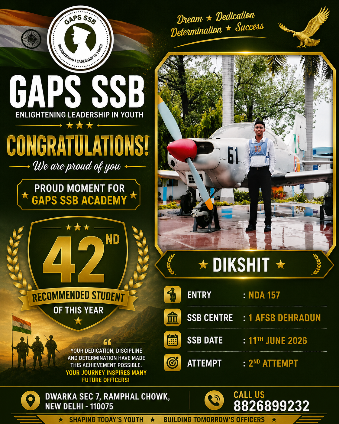 Recommended Student Dikshit from GAPS SSB for NDA 157