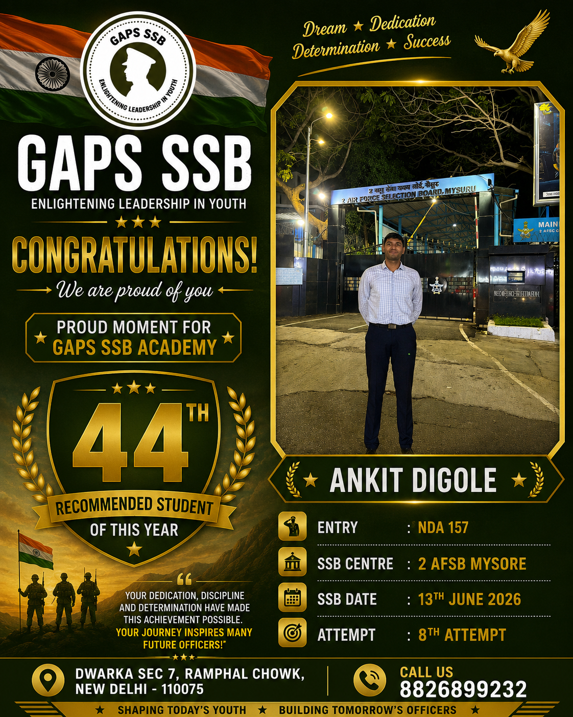 Recommended Student Ankit Digoli from GAPS SSB for NDA 157