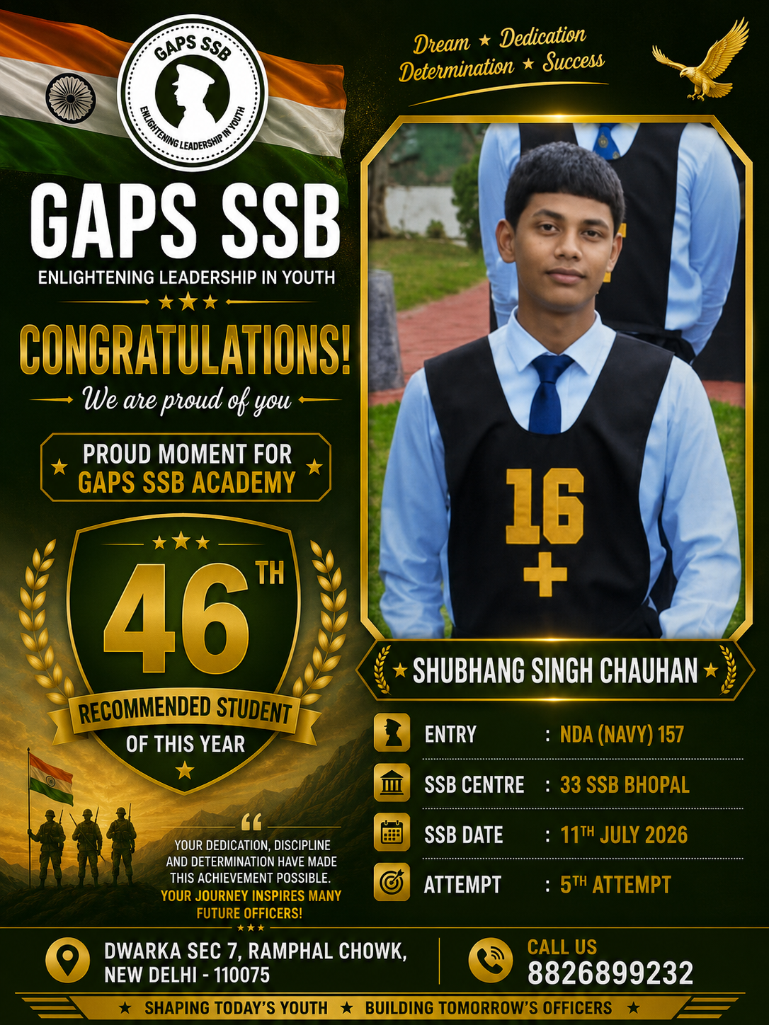 Recommended Student Shubhang Singh from GAPS SSB for NDA 157
