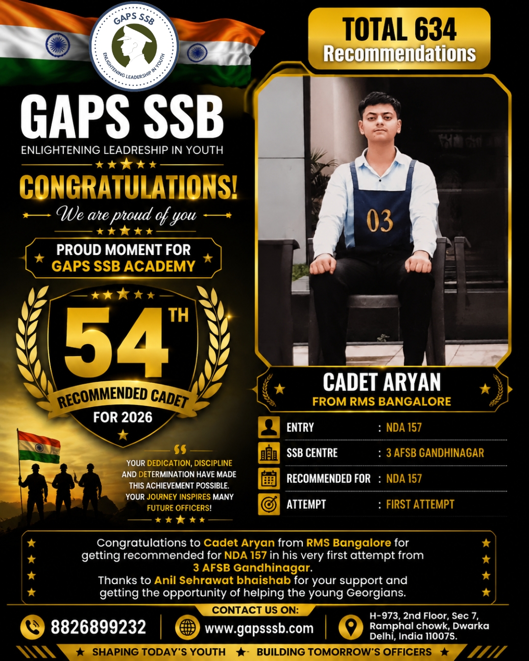Aryan Selected Student NDA 157 from GAPS SSB